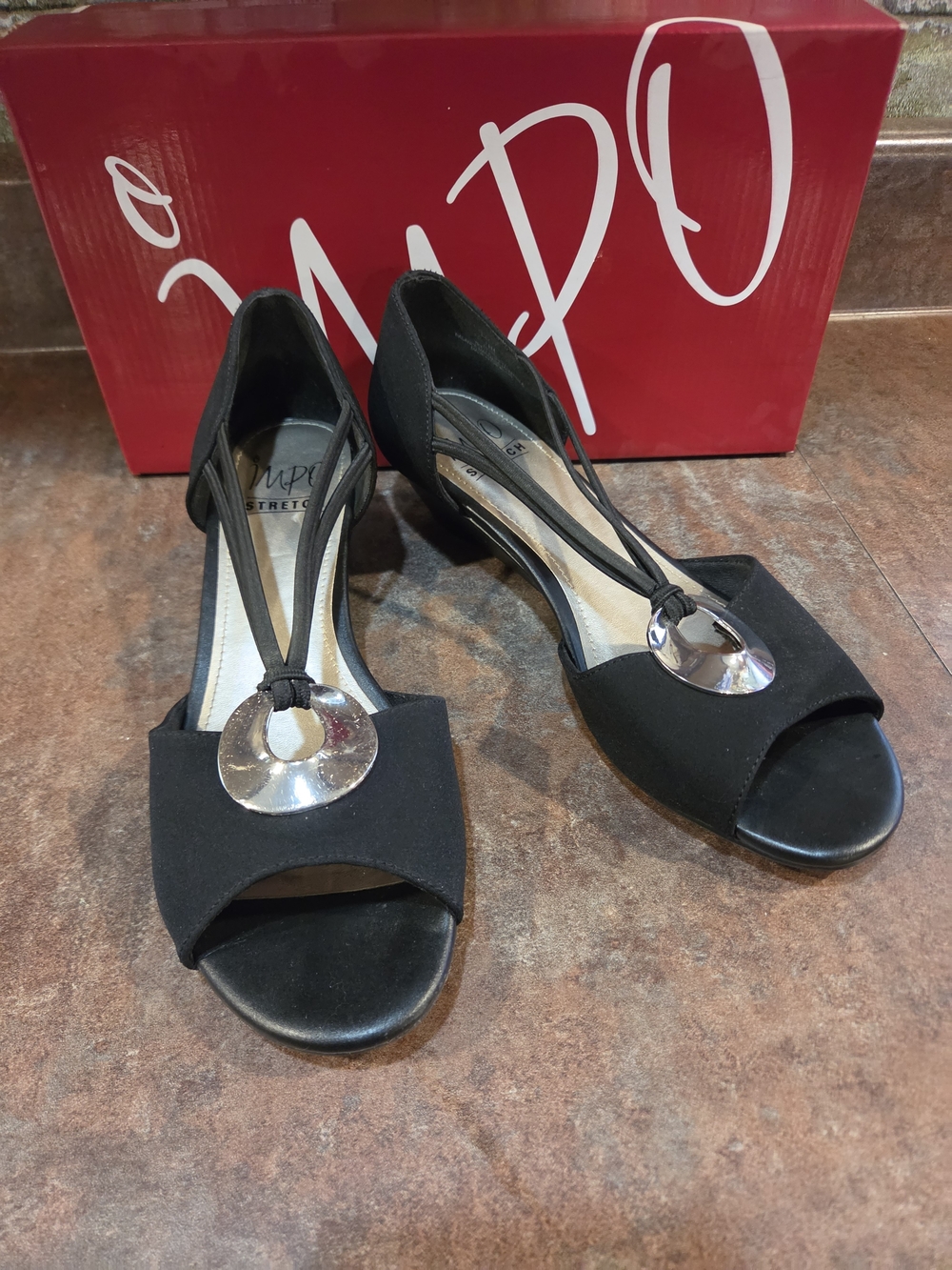 Impo Black Open-Toe Heels with Silver Medallion